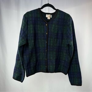 Vintage Tally Ho 100% Wool Plaid‎ Cardigan Sweater in Navy Green Size Large